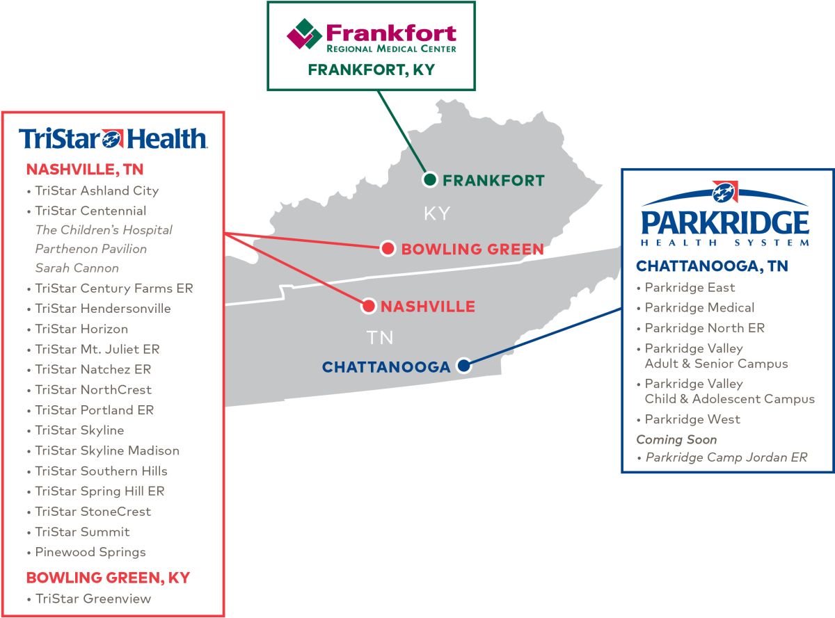 map of HCA Healthcare TriStar locations in Chattanooga, TN; Atlanta, GA; Bowling Green, KY; and Nashville, TN